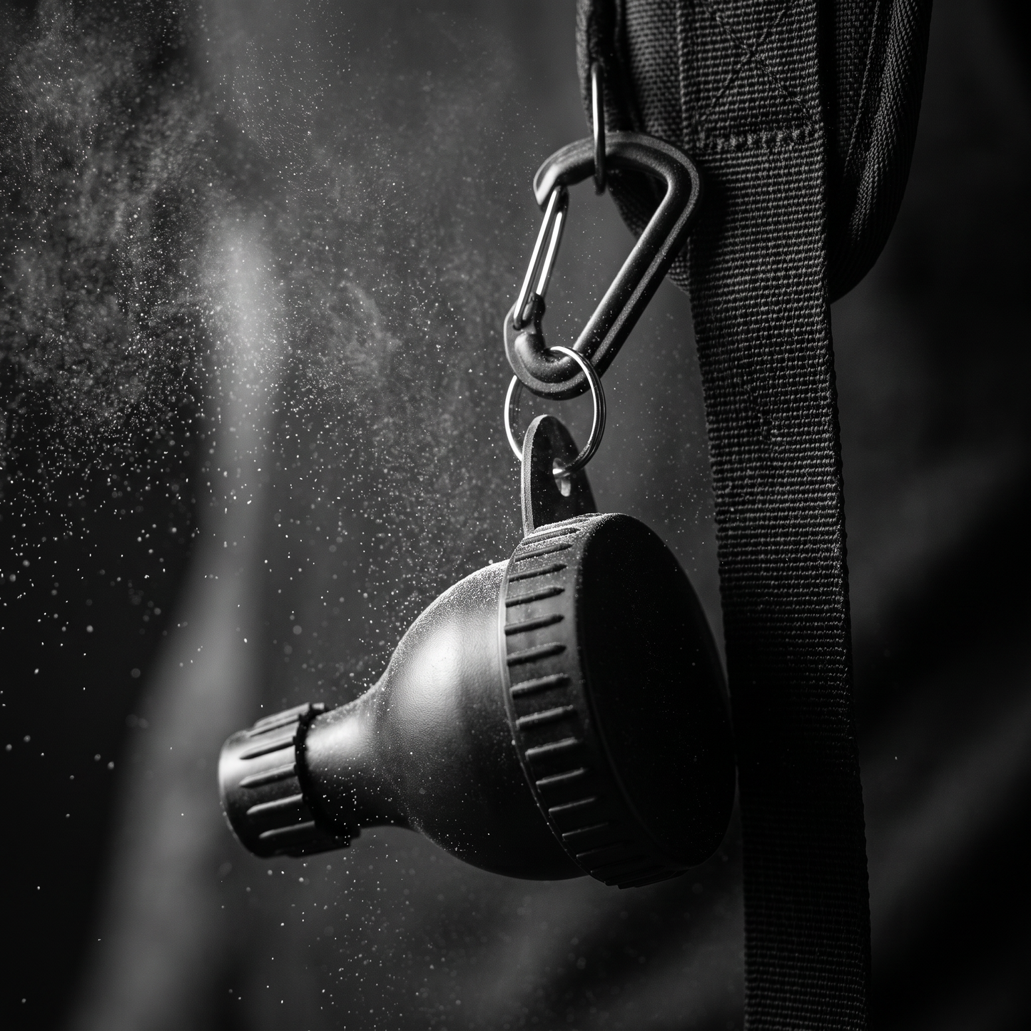 Powder funnel keychain on strap — cinematic macro