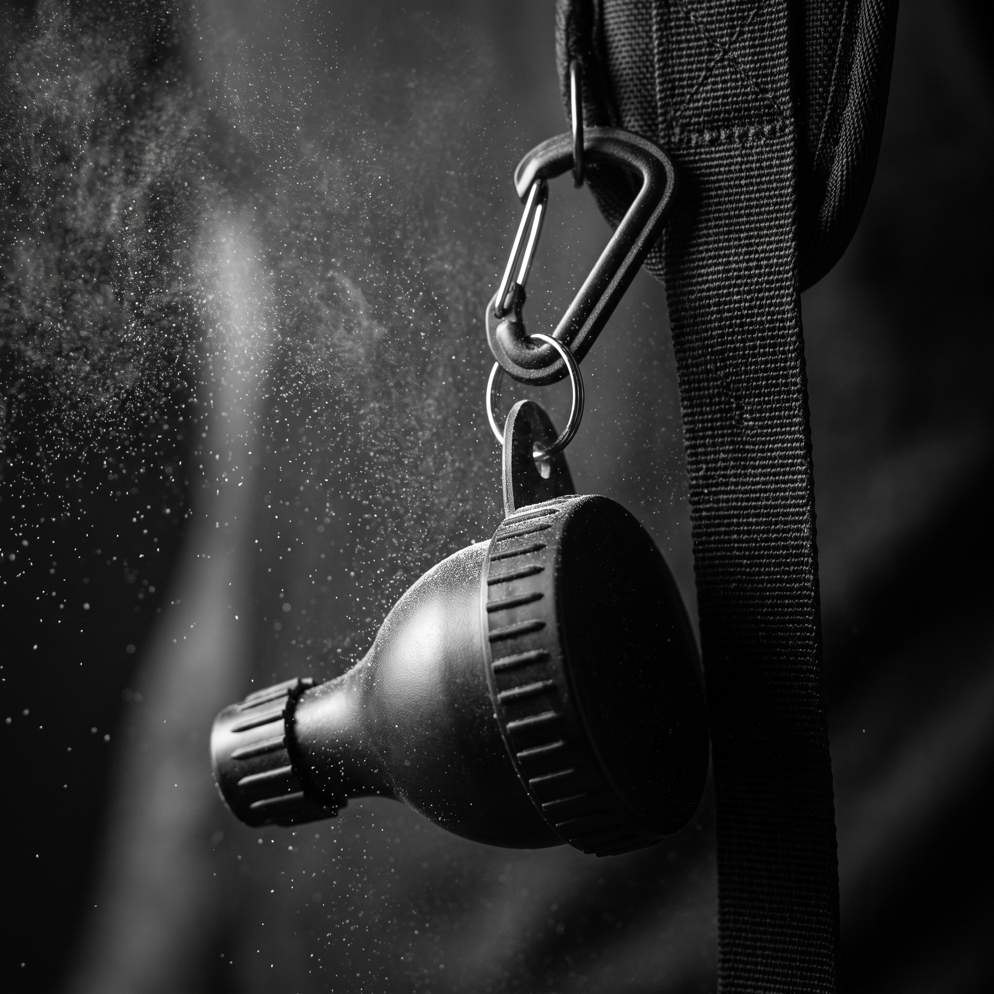 Powder funnel keychain on strap — cinematic macro