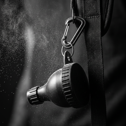 Powder funnel keychain on strap — cinematic macro