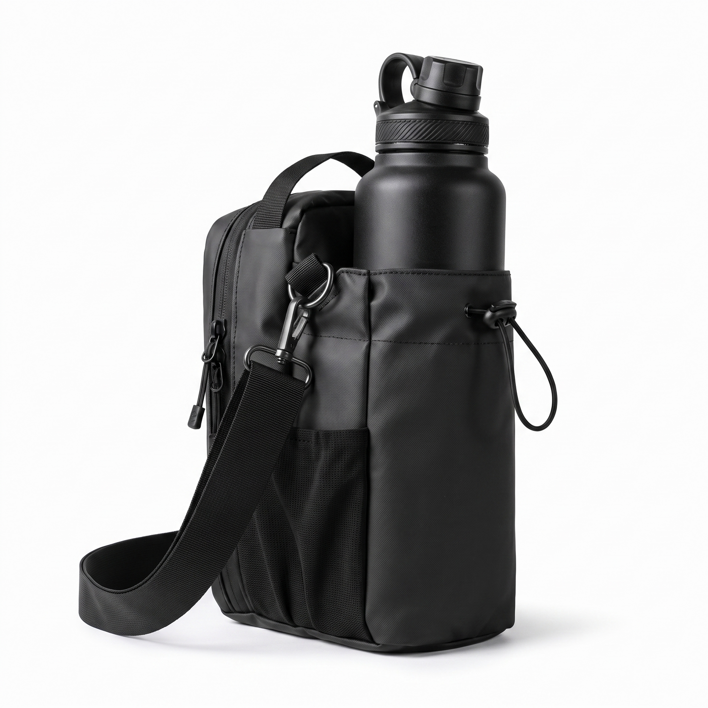 Magnetic gym bag with bottle in drawstring holster — studio
