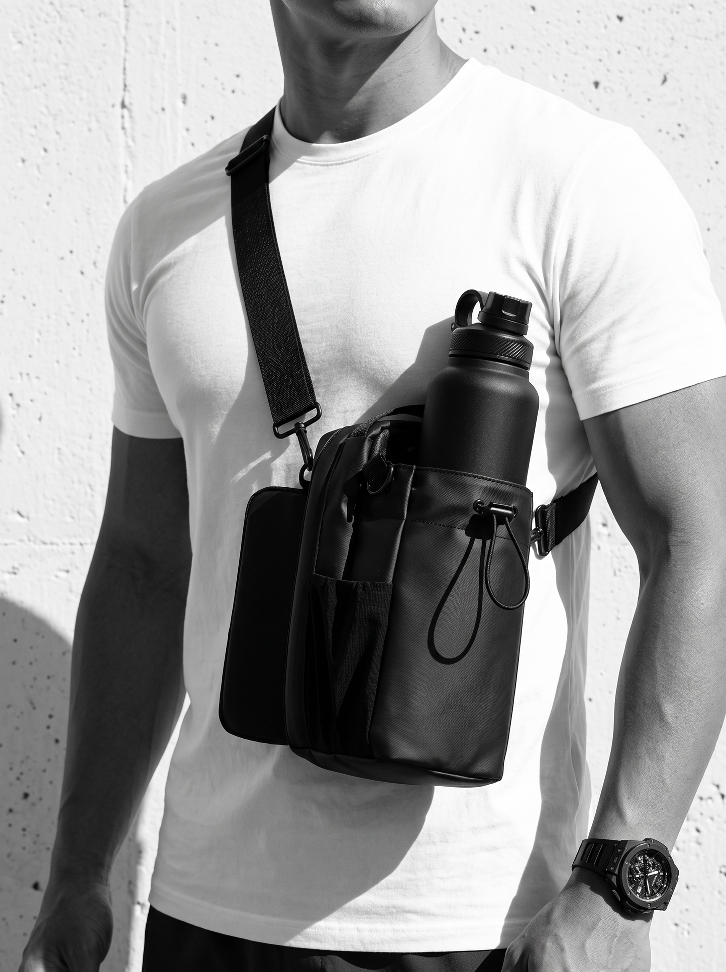 Magnetic gym bag worn crossbody — editorial