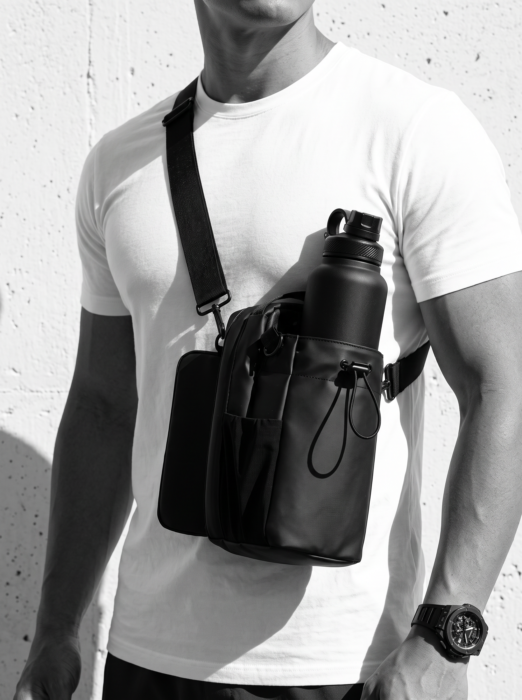 Magnetic gym bag worn crossbody — editorial