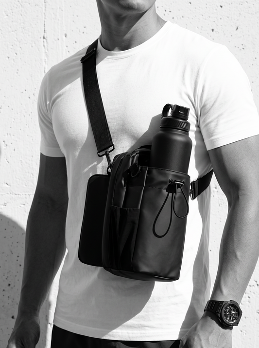 Magnetic gym bag worn crossbody — editorial