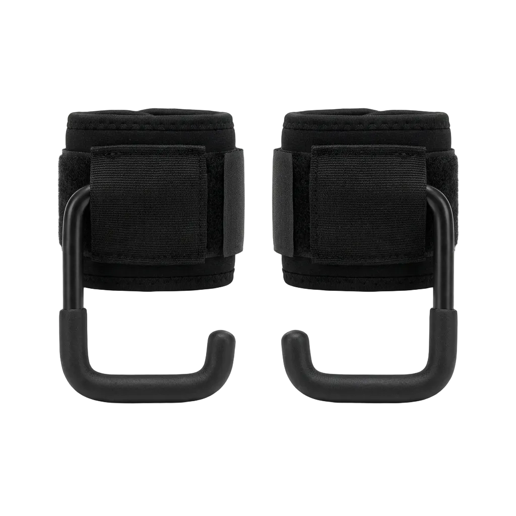 Pair of black lifting hooks with padded wrist wraps, studio product photo