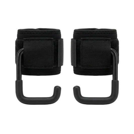 Pair of black lifting hooks with padded wrist wraps, studio product photo