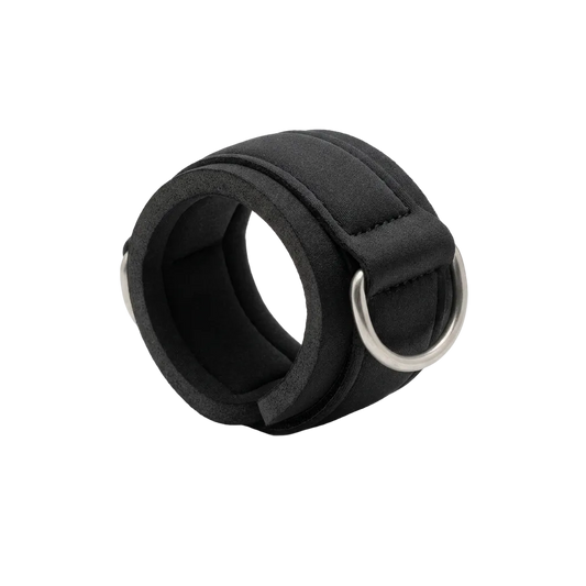 Ankle strap curved in worn shape, three-quarter view